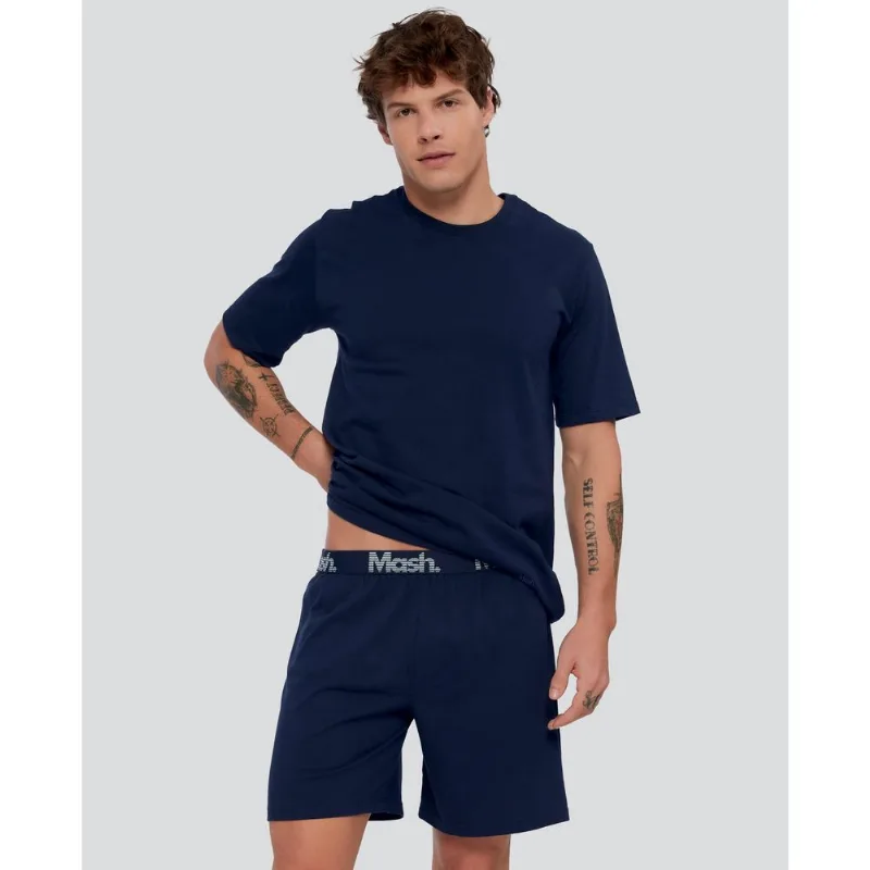 Pijama Curto Algodão com Gola Careca e Elástico Aparente Azul Marinho P