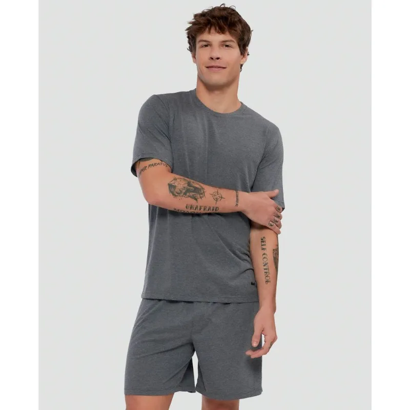 Pijama Curto Algodão com Gola Careca e Elástico Aparente Cinza Mescla Escuro P