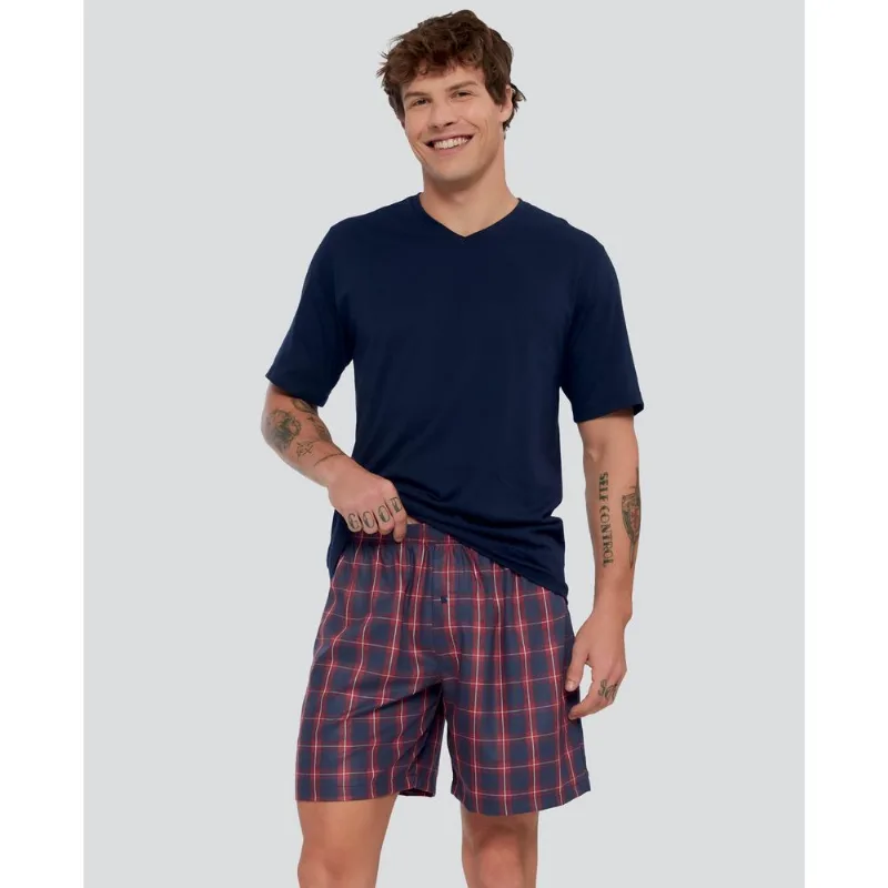 Pijama Curto Gola V Detalhe em Viscose e Elástico Embutido Azul Marinho P