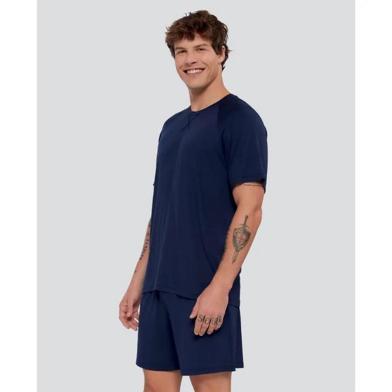Pijama Curto Viscose Manga Raglan com Trançador e Elástico Embutido Azul Marinho G