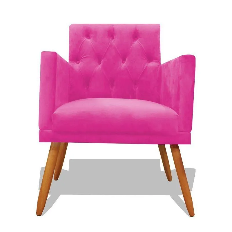 Poltrona Nina Capitonê Suede Pés Palitos Rosa Pink