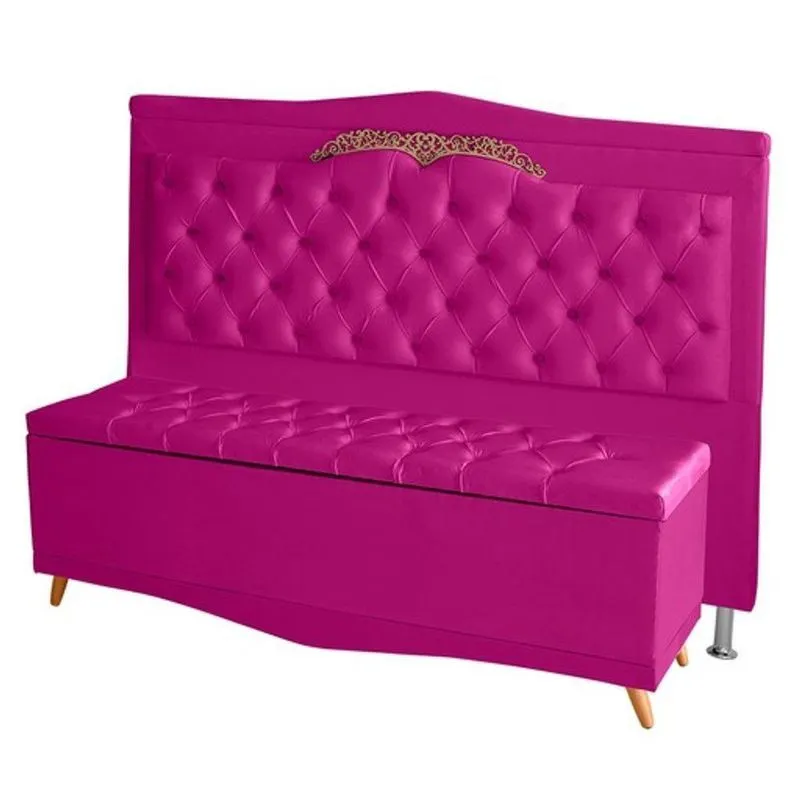Kit Cabeceira De Cama Box E Calçadeira Baú Madri Casal 140cm Suede Rosa Pink