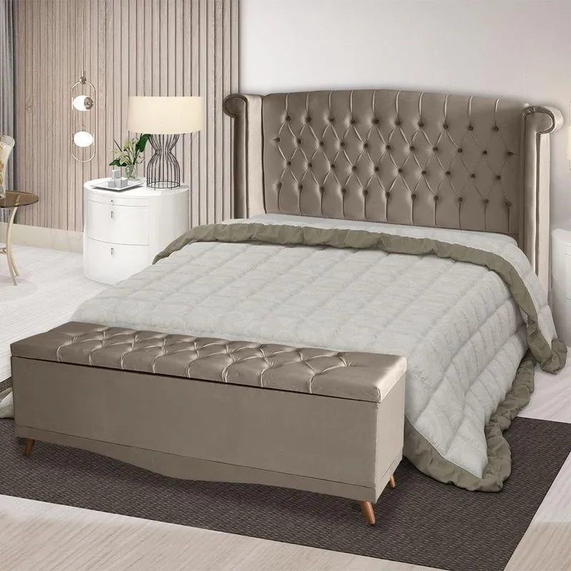 Kit De Quarto Cabeceira De Cama Box E Calçadeira Baú Toquio Casal Queen 160cm Suede Capuccino