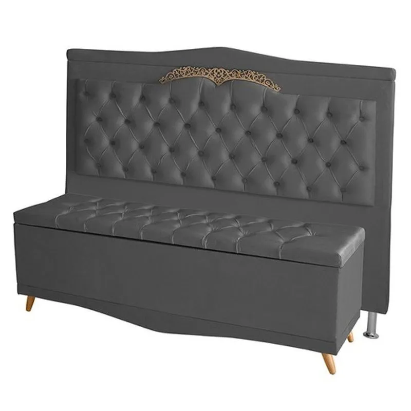 Kit Cabeceira De Cama Box E Calçadeira Baú Madri King 195cm Suede Grafite
