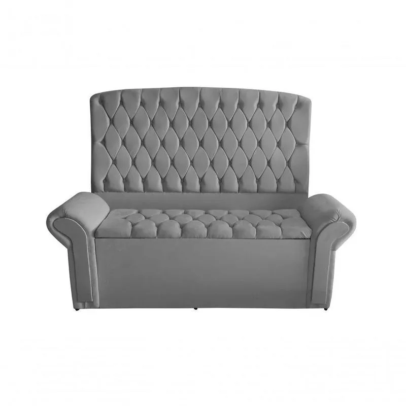 Kit De Quarto Cabeceira De Cama Box E Calçadeira Baú Dubai King 195cm Suede Prata