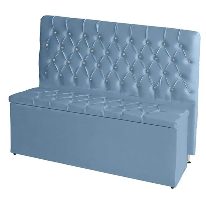 Kit De Quarto Cabeceira De Cama Box E Calçadeira Baú Casal 140cm Suede Botão Strass Azul