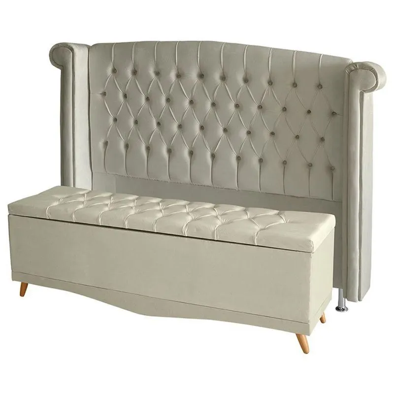 Kit De Quarto Cabeceira De Cama Box E Calçadeira Baú Toquio Casal Queen 160cm Suede Porcelana