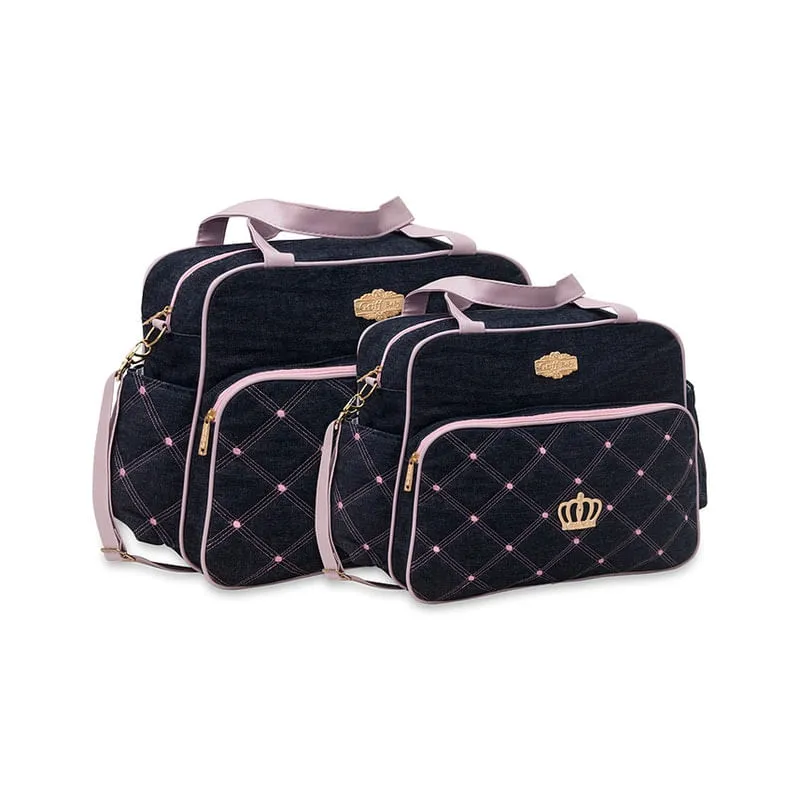 Kit bolsa bebê maternidade jeans com rosa griff 2 peças