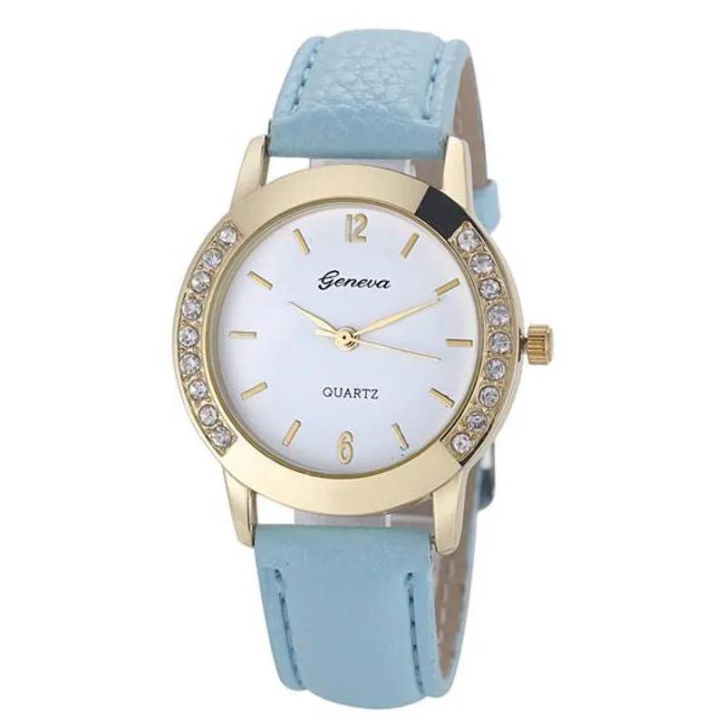 Relógio Pulso Feminino Dourado Strass Analógico Azul Claro