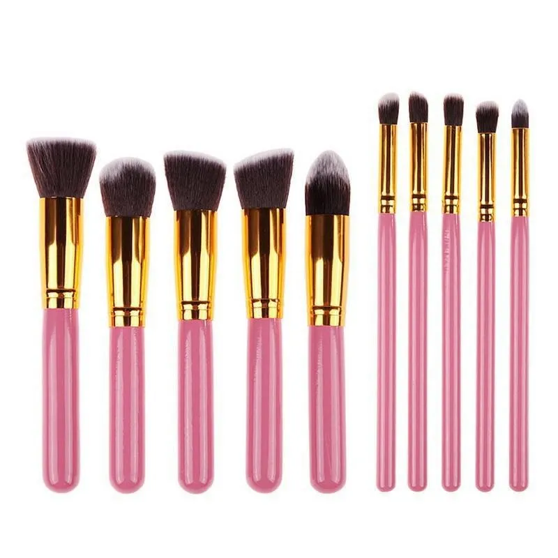 Kit 10 Pincéis Maquiagem Profissional Kabuki Precisão Rosa