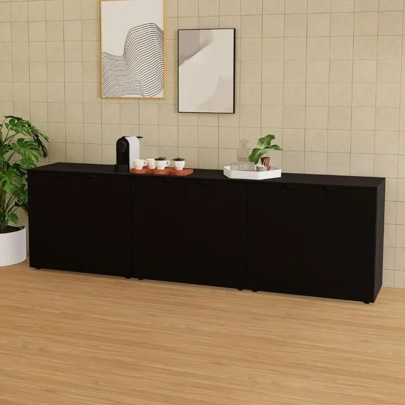 Armário Baixo Escritório 6 Portas Com Chave MDP 240cm Preto F5 Office
