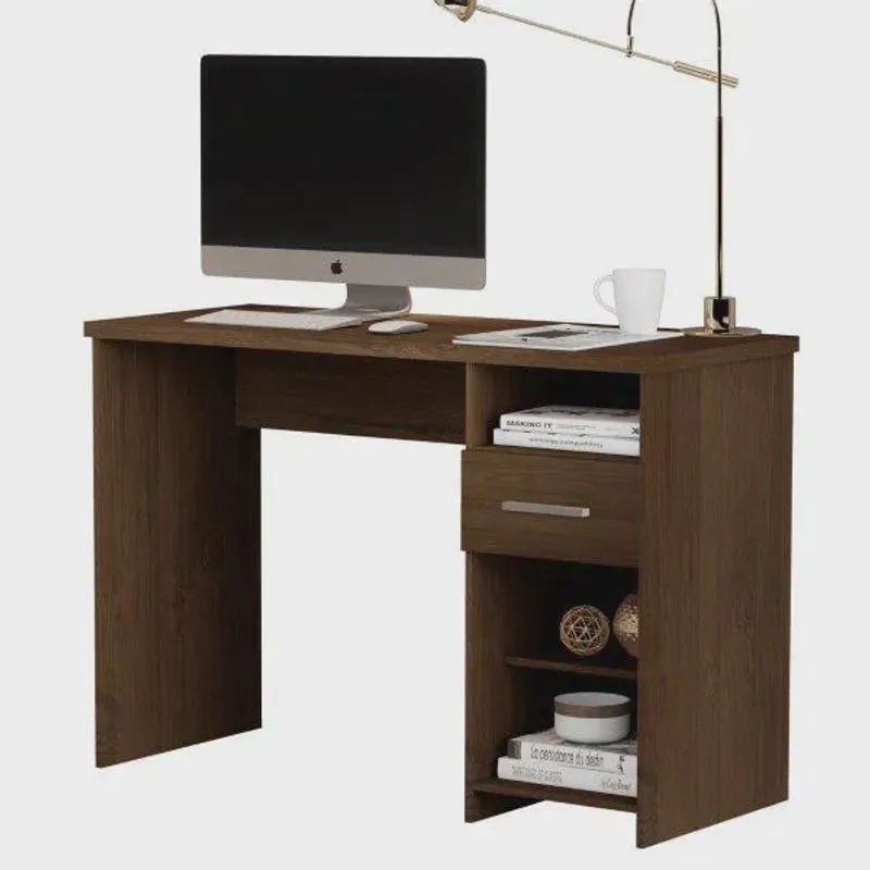 Mesa / Escrivaninha Para Computador du Com Pintura uv: Acabamento em Alto Relevo Laqueado em Off White Tampo Encabeçado em mdp e Gaveta Com Corrediças Telescópicas Cor Cedro