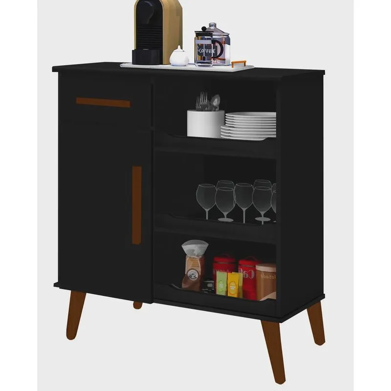Buffet Esl. retrô aparador porta + gaveta pés de madeira maciça balcão cor Preto fosco black