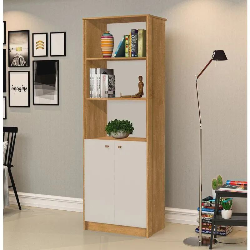 Estante Para Escritório off Com Prateleiras Para Objetos e 2 Portas Cor Off White/Nature