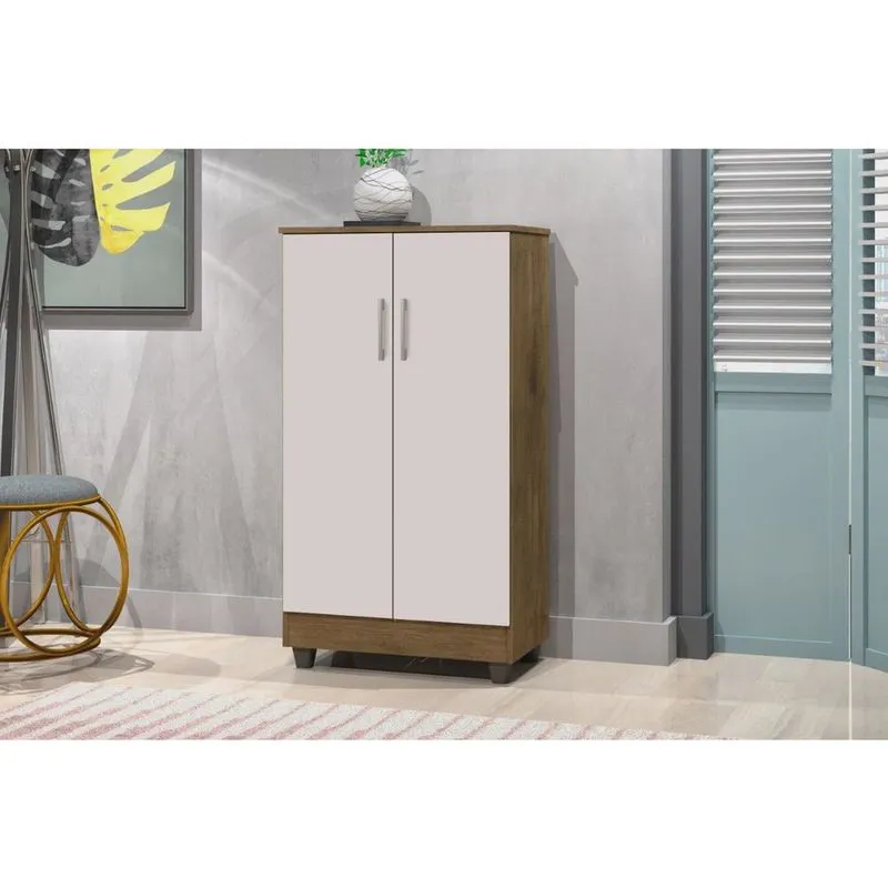 Multiuso / Armário / Sapateira sma 2 Portas Com Puxadores Cromados Prateleiras Interna Cor Jequitiba/Off White