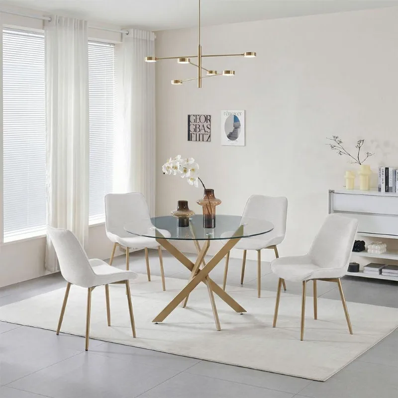 Conjunto de Jantar Lara 4 Lugares Tampo de Vidro Redondo Bronze Chic 120cm Cadeira e Cadeira