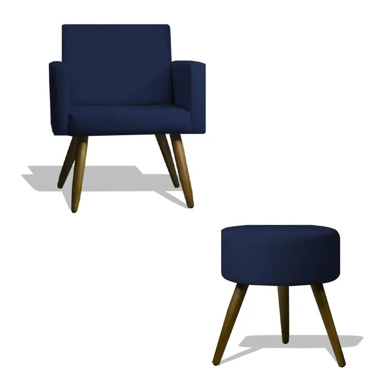 Kit Poltrona Decorativa Nina e Puff Dani para Sala e Quarto Corano Azul Marinho - Innovare Decor