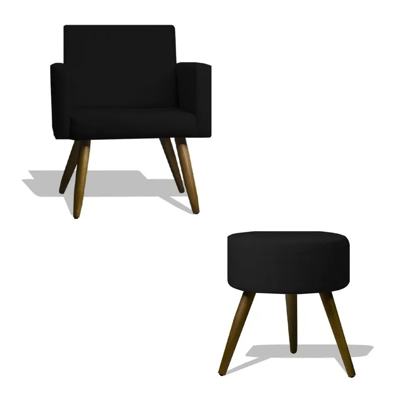 Kit Poltrona Decorativa Nina e Puff Dani para Sala e Quarto Corano Preto - Innovare Decor