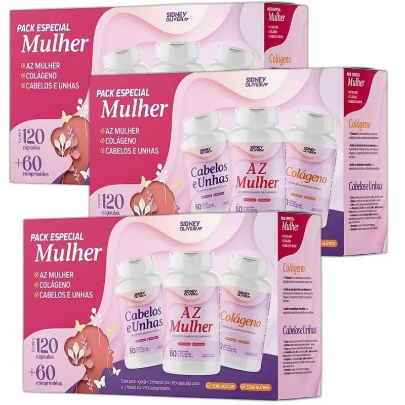 Kit 3 Combos Beleza Feminina Colageno A-z Mulher Cabelo Unha