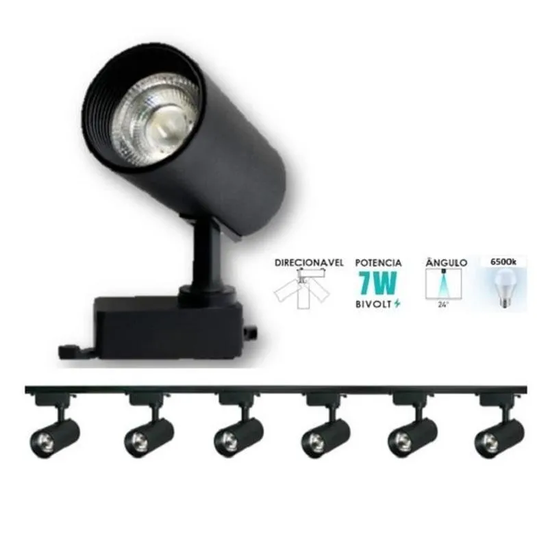 Kit Trilho Eletrificado 2 Metros 6 Spot Led Preto 7w 6500k