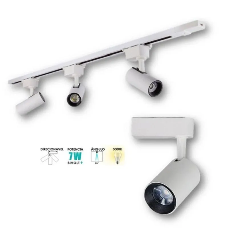 Trilho Eletrificado 1 Metro Com 3 Spot Led Branco 7w 3000k