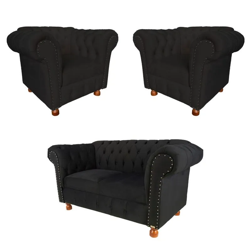 Uma Namoradeira + Duas Poltronas Luiz xv Suede Preto