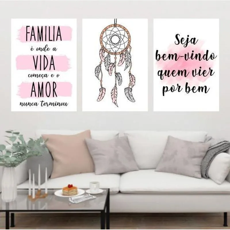 Kit 3 Quadros Família Filtro Dos Sonhos 45x34 Vidro Branca