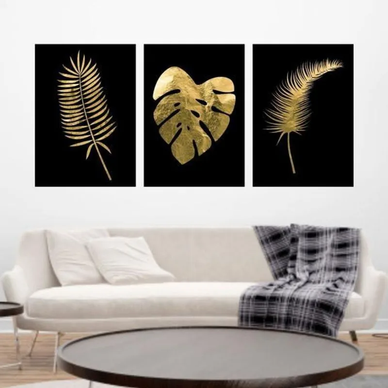 Kit 3 Quadros Folhas Tropicais Dourado 45x34cm Moldura Preta
