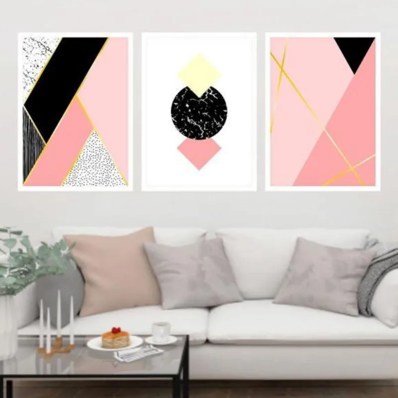 Kit 3 Quadros Geométrico Rosa E Preto 45X34Cm Moldura Branca