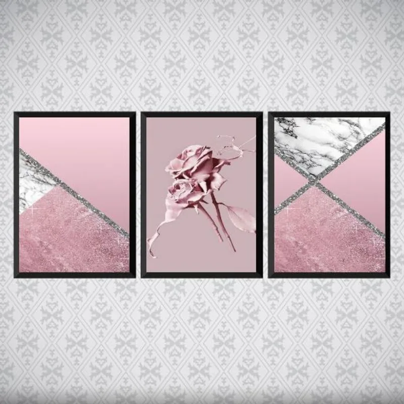 Kit 3 Quadros Flores Rosas Mármore 24x18cm