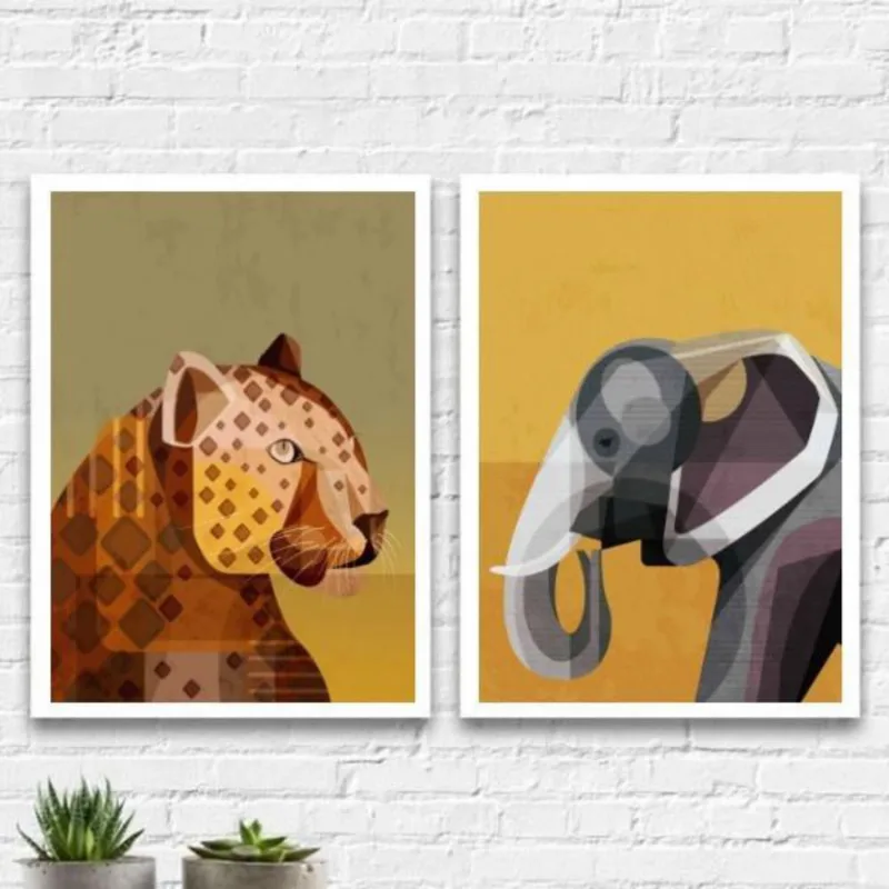 Kit 2 Quadros Animais Geométricos 45x34cm - Vidro Preta