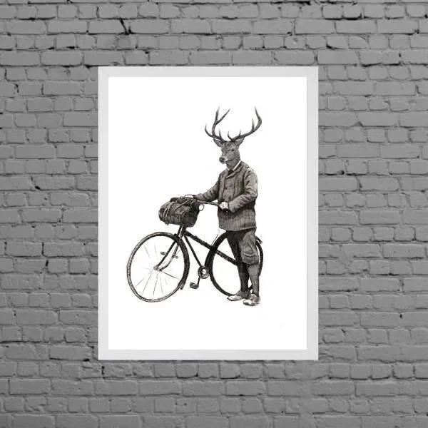 Quadro Vintage Alce Com Bicicleta 33x24cm - Com Vidro