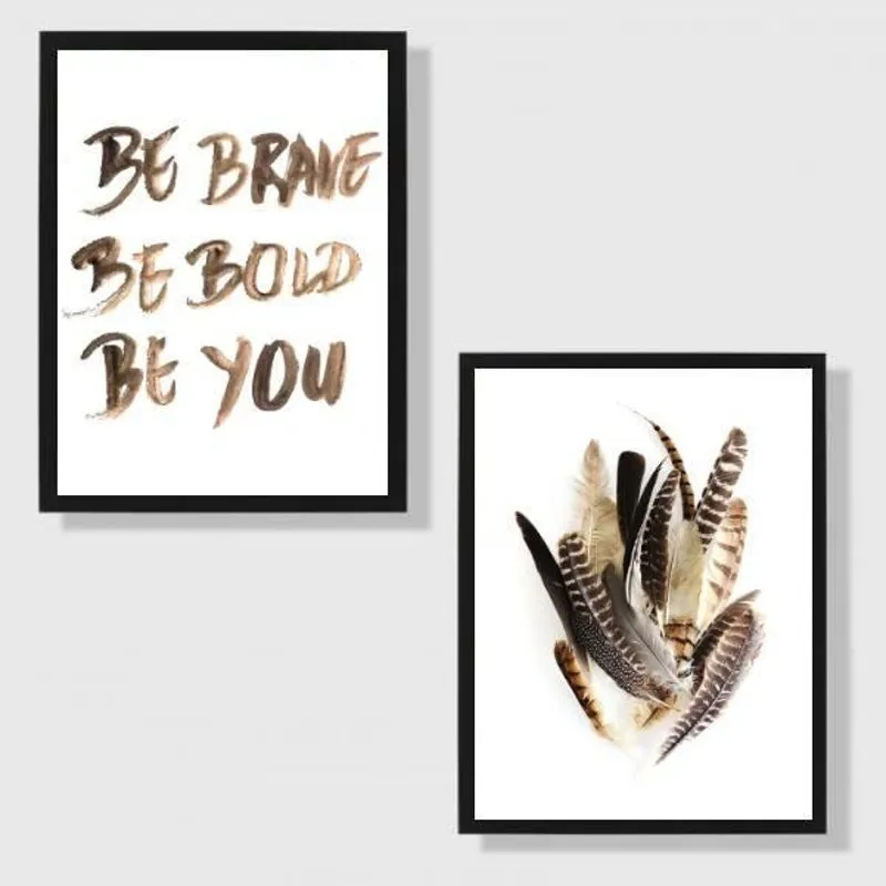 Kit 2 Quadros Be Brave Be Bold Be You Penas 33cm Com Vidro