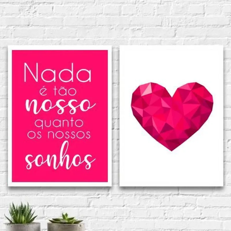 Kit 2 Quadros Sonhos Coração Geométrico Pink 33cm Com Vidro