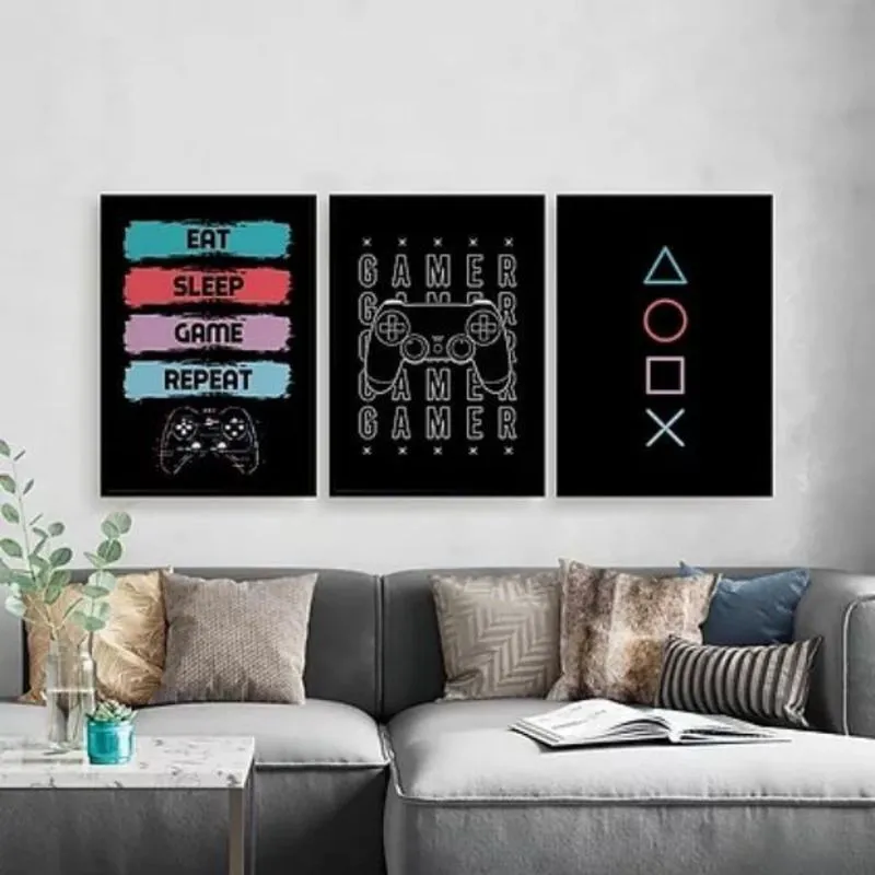 Kit Quadros Eat Sleep Game Repeat 33X24Cm - 3 Peças