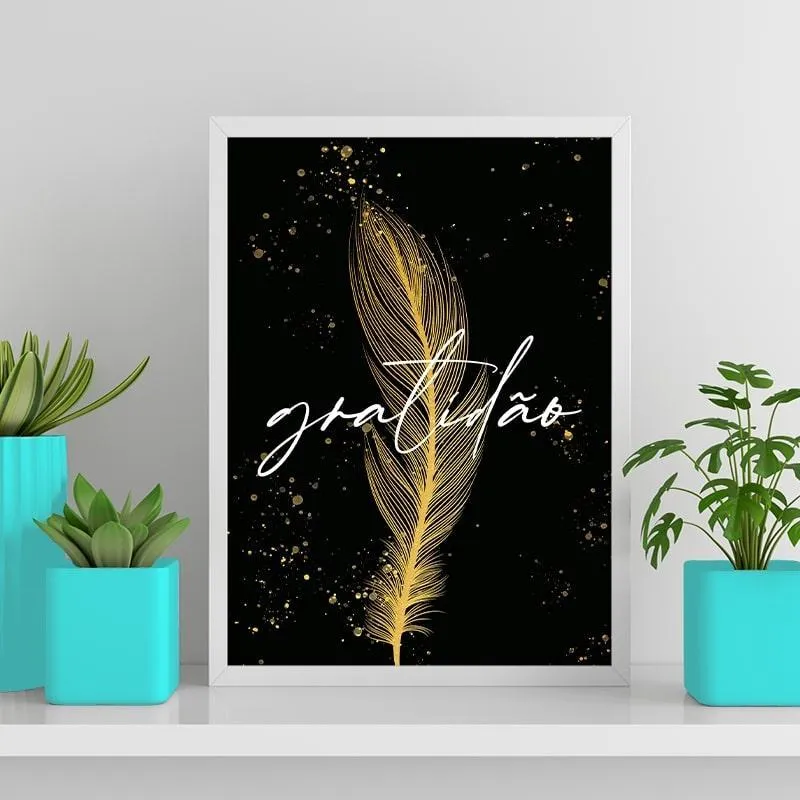 Quadro Pena Dourada Gratidão 45x34cm - Com Vidro