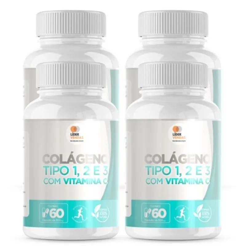 Colágeno Tipo 1, 2 E 3 Com Vit + C Caps 500Mg Kit 4 Potes
