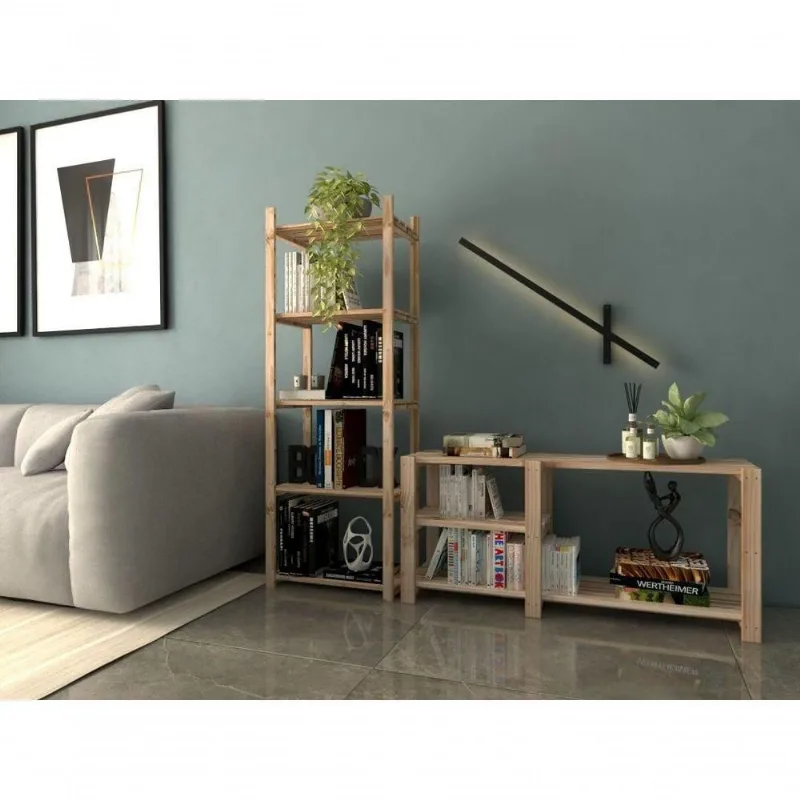 Kit Estante 140X50Cm Moderno Até 15Kg E Aparador 3 Nichos Quarto Atemporal Madeira Natural Mul - TECHNOX