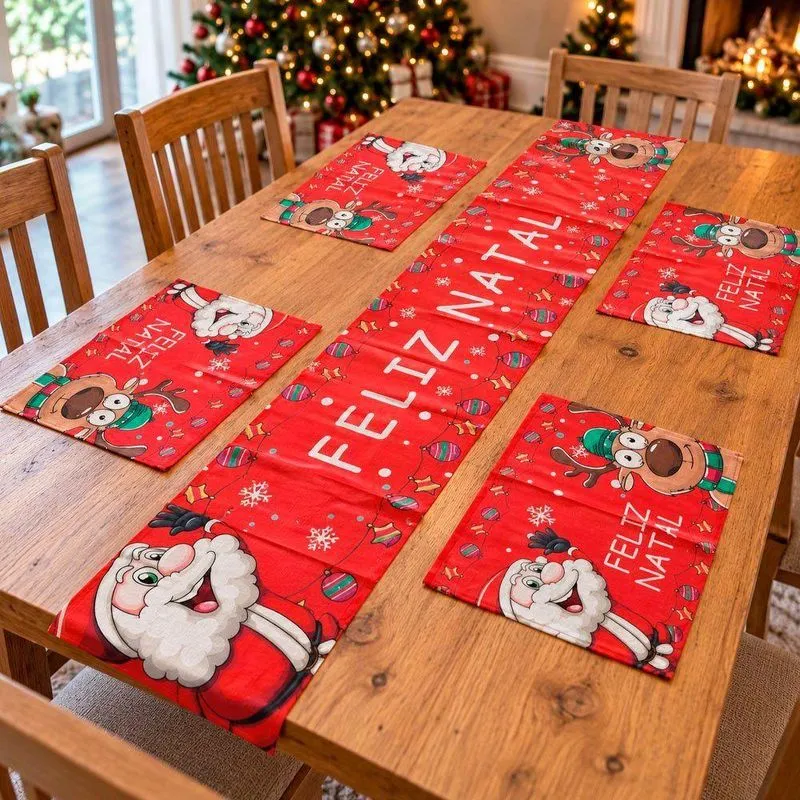 Jogo Americano Natalino 5 Peças Com Estampas Temáticas De Natal Branco E Vermelho