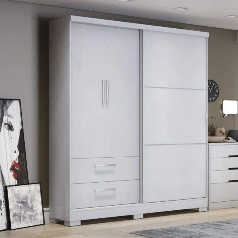Guarda-Roupa Solteiro Funcional 3 Portas 2 Gavetas com Pés Branco Branco