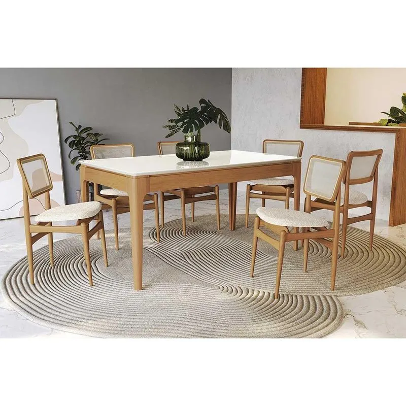 Conjunto Mesa Mira Premium Madeira Maciça C/ Tampo Madeirado C/ Vidro 160x90cm E 6 Cadeiras Stela Carvalho/off White - Linho Bege Argila Kappesberg