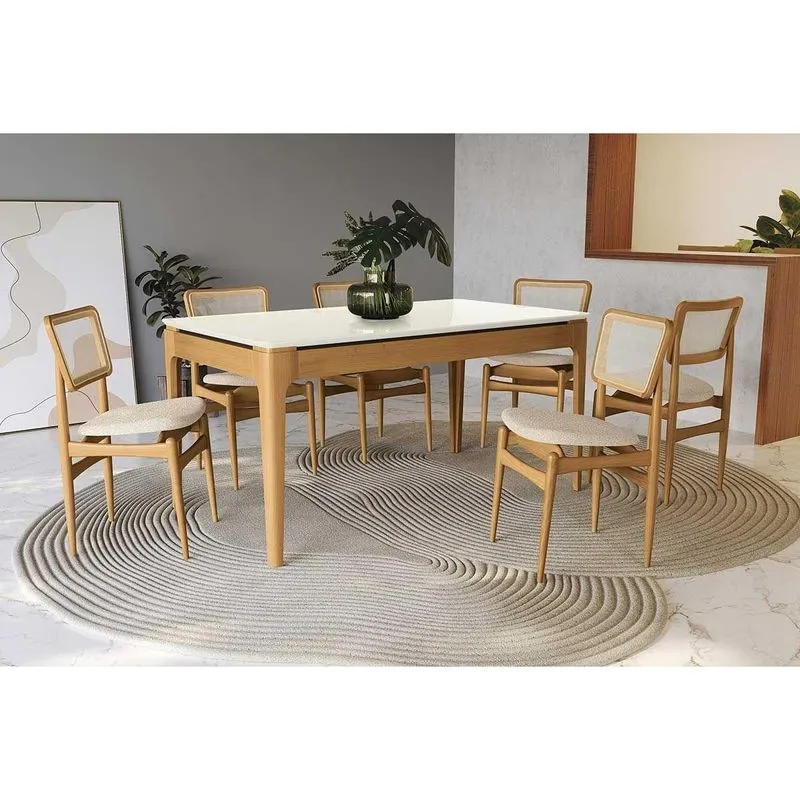 Conjunto Mesa Mira Premium Madeira Maciça C/ Tampo Madeirado C/ Vidro 160x90cm E 6 Cadeiras Stela Carvalho/off White - Boucle Bege Fendi Kappesberg