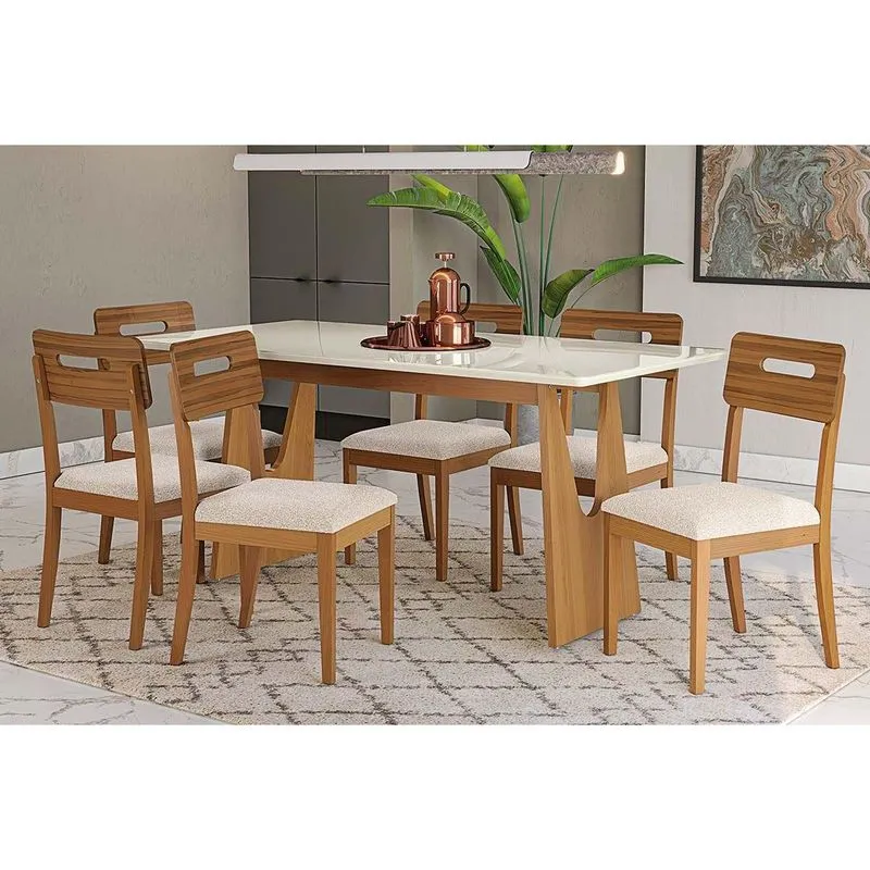 Conjunto Mesa Mila Premium Madeira Maciça C/ Tampo Madeirado C/ Vidro 180x90cm E 6 Cadeiras Lila Carvalho/off White - Linho Bege Argila Kappesberg