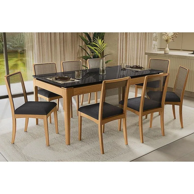 Conjunto Mesa Mira Premium Madeira Maciça C/ Tampo Madeirado C/ Vidro 200x100cm E 8 Cadeiras Lara Carvalho/preto - Boucle Grafite Kappesberg