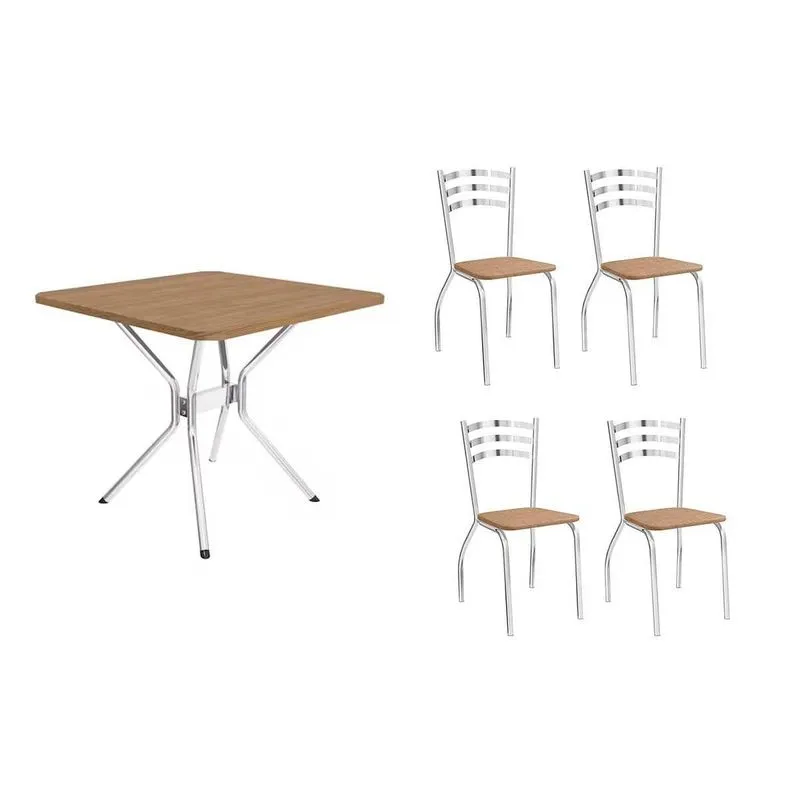 Conjunto: Mesa De Cozinha Loire C/ Tampo De Madeira 90cm + 4 Cadeiras Portugal Cromada/capuccino - Kappesberg