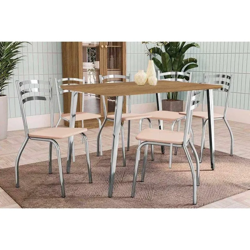 Conjunto: Mesa De Cozinha Iguaçu C/ Tampo De Madeira 1.60cm + 6 Cadeiras Portugal Cromada/nude 16 - Kappesberg