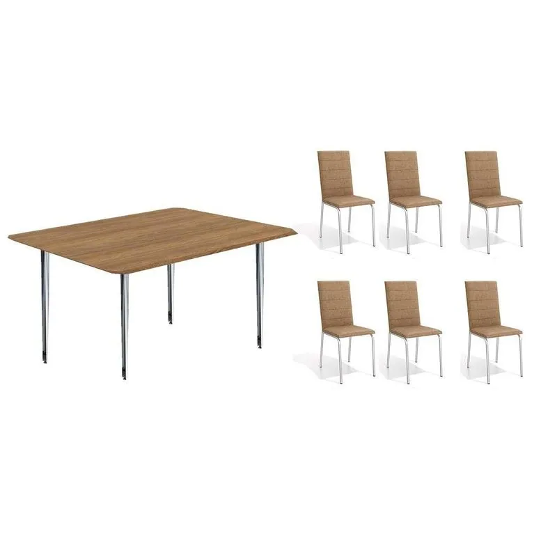 Conjunto: Mesa De Cozinha Iguaçu C/ Tampo De Madeira 1.60cm + 6 Cadeiras Amsterdã Cromada/capuccino - Kappesberg