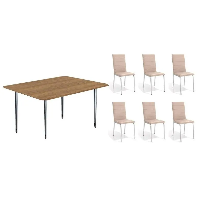 Conjunto: Mesa De Cozinha Iguaçu C/ Tampo De Madeira 1.60cm + 6 Cadeiras Amsterdã Cromada/nude 16 - Kappesberg