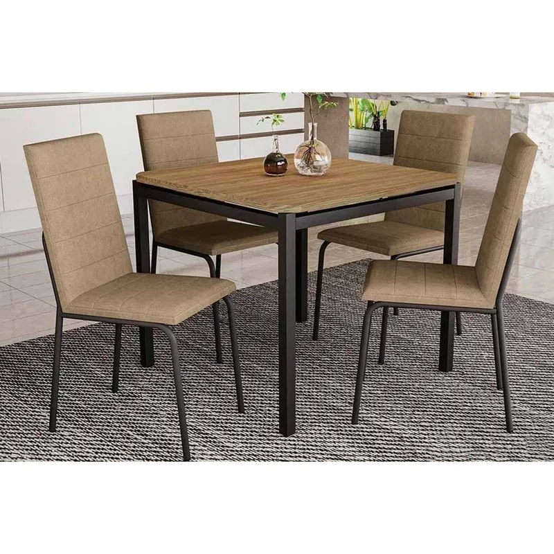 Conjunto: Mesa Sala Jantar Reno c/ Tampo de Madeira 90cm e 4 Cadeiras Amsterdã Preto Fosco/Capuccino - Kappesberg