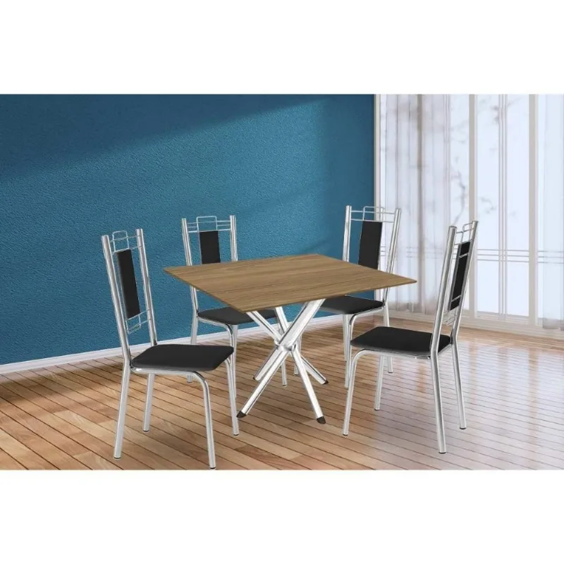 Conjunto de Jantar Sala Completa Volga 4 Lugares Tampo em MDF com Cadeiras Lisboa Preto 90CM